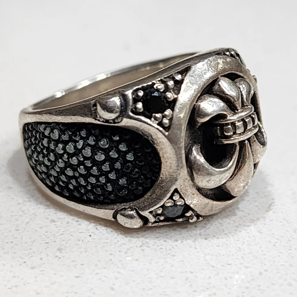 Sterling silver Stingray leather fleur-de-lis black zirconia size 8.5 unisex - Picture 3 of 6